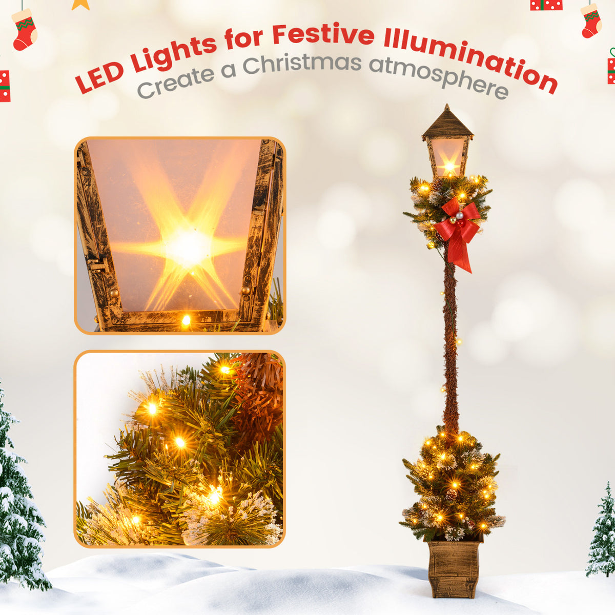 6.1 Feet Christmas Pre-lit Street Lamp with Artificial Greenery and Snow-flocked Branch Tips-Yellow view 6