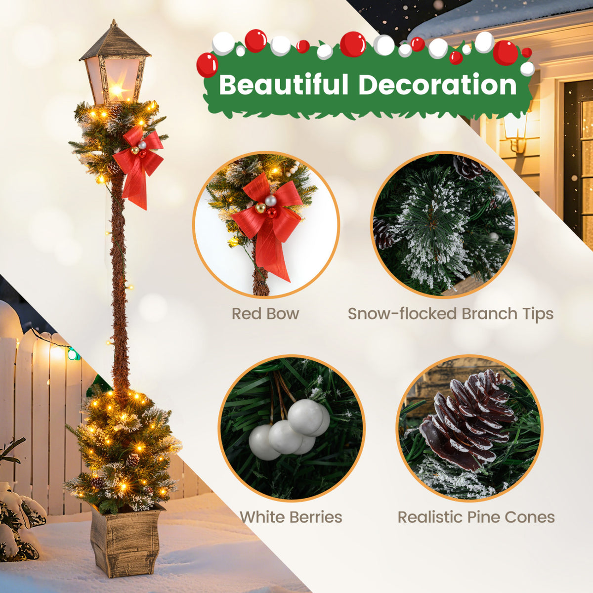 6.1 Feet Christmas Pre-lit Street Lamp with Artificial Greenery and Snow-flocked Branch Tips-Yellow view 7