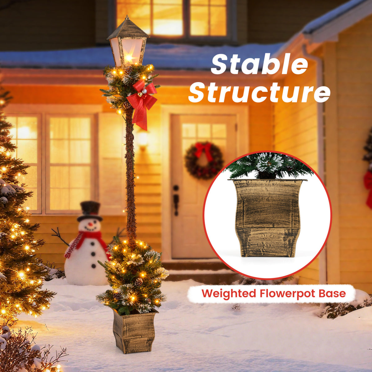 6.1 Feet Christmas Pre-lit Street Lamp with Artificial Greenery and Snow-flocked Branch Tips-Yellow view 8