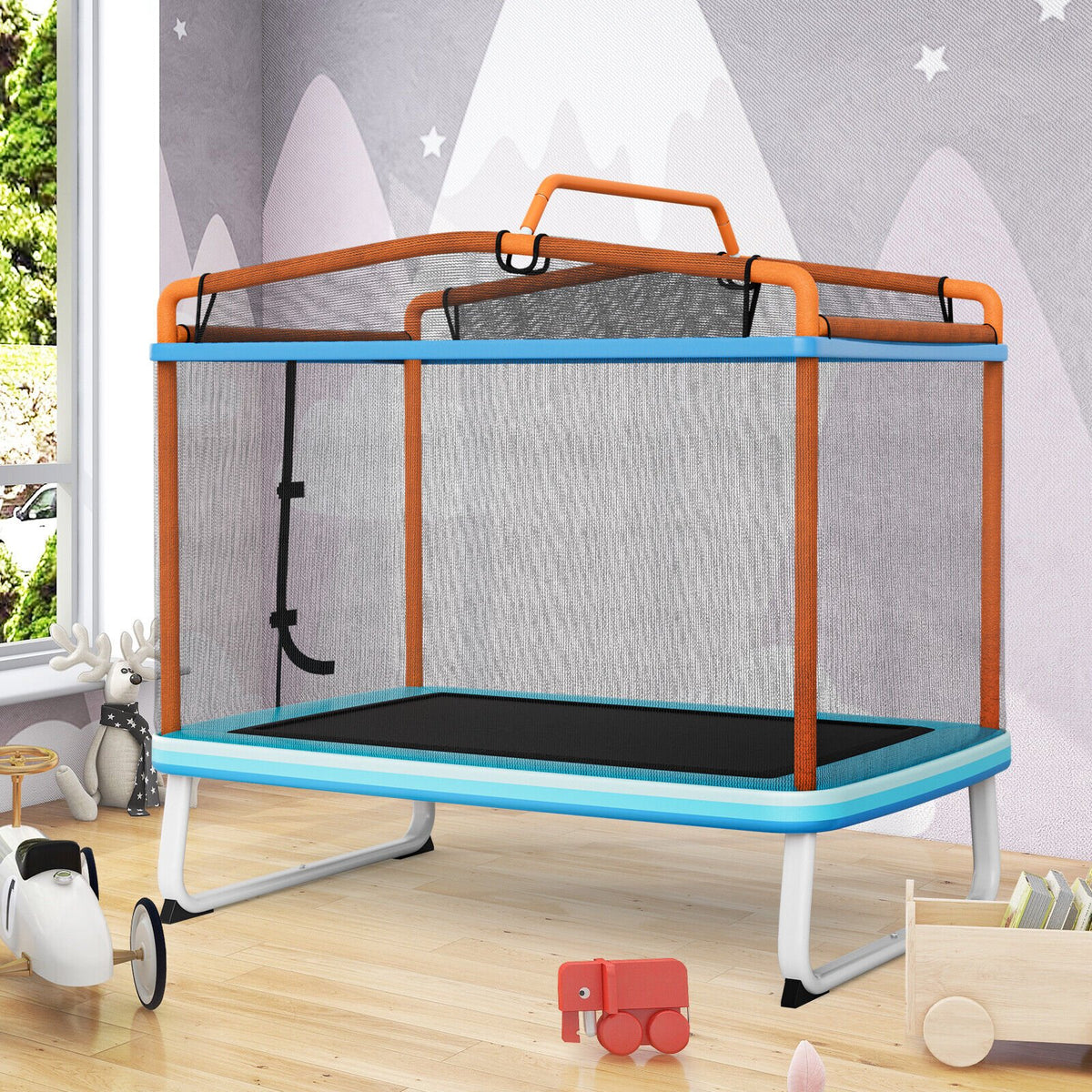 6 Feet Rectangle Trampoline with Swing Horizontal Bar and Safety Net-Orange view 2