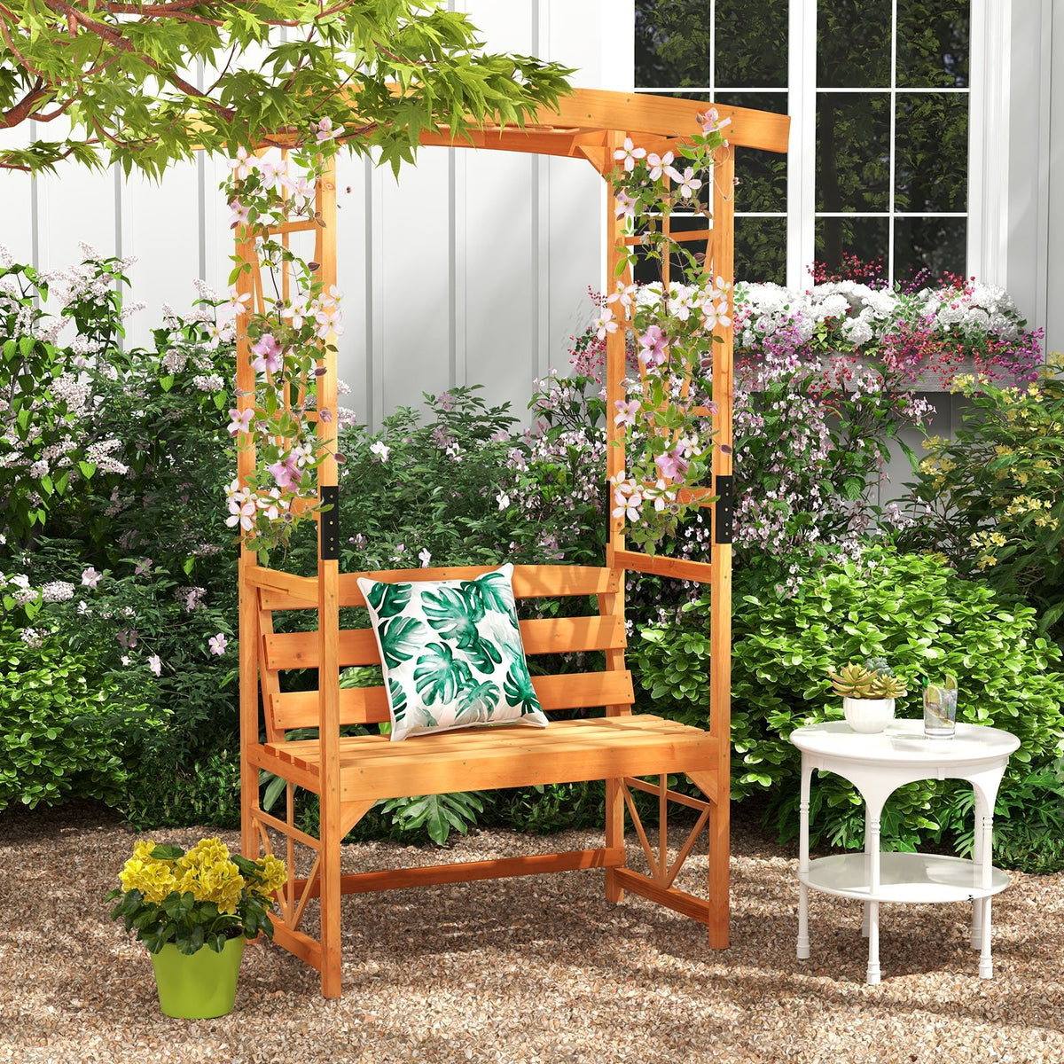 6.2 Feet Tall Patio Garden Arbor with Pergola and 2-Seat Bench for Garden Lawn Backyard Decoration-Yellow view 2