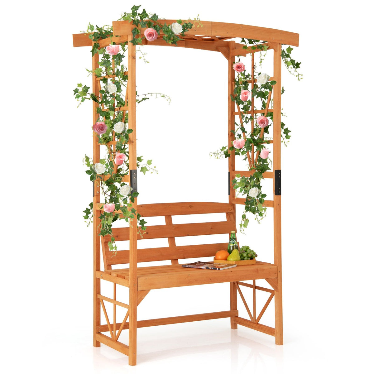6.2 Feet Tall Patio Garden Arbor with Pergola and 2-Seat Bench for Garden Lawn Backyard Decoration-Yellow view 4