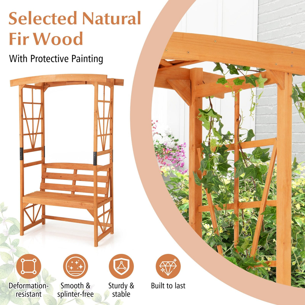 6.2 Feet Tall Patio Garden Arbor with Pergola and 2-Seat Bench for Garden Lawn Backyard Decoration-Yellow view 7