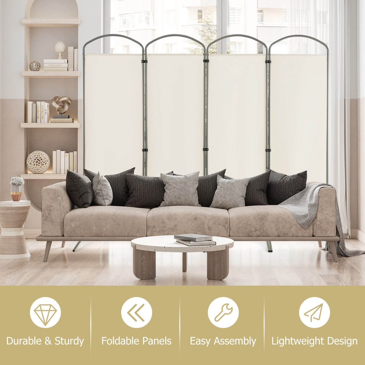 6.2Ft Folding 4-Panel Room Divider for Home Office Living Room -White view 6