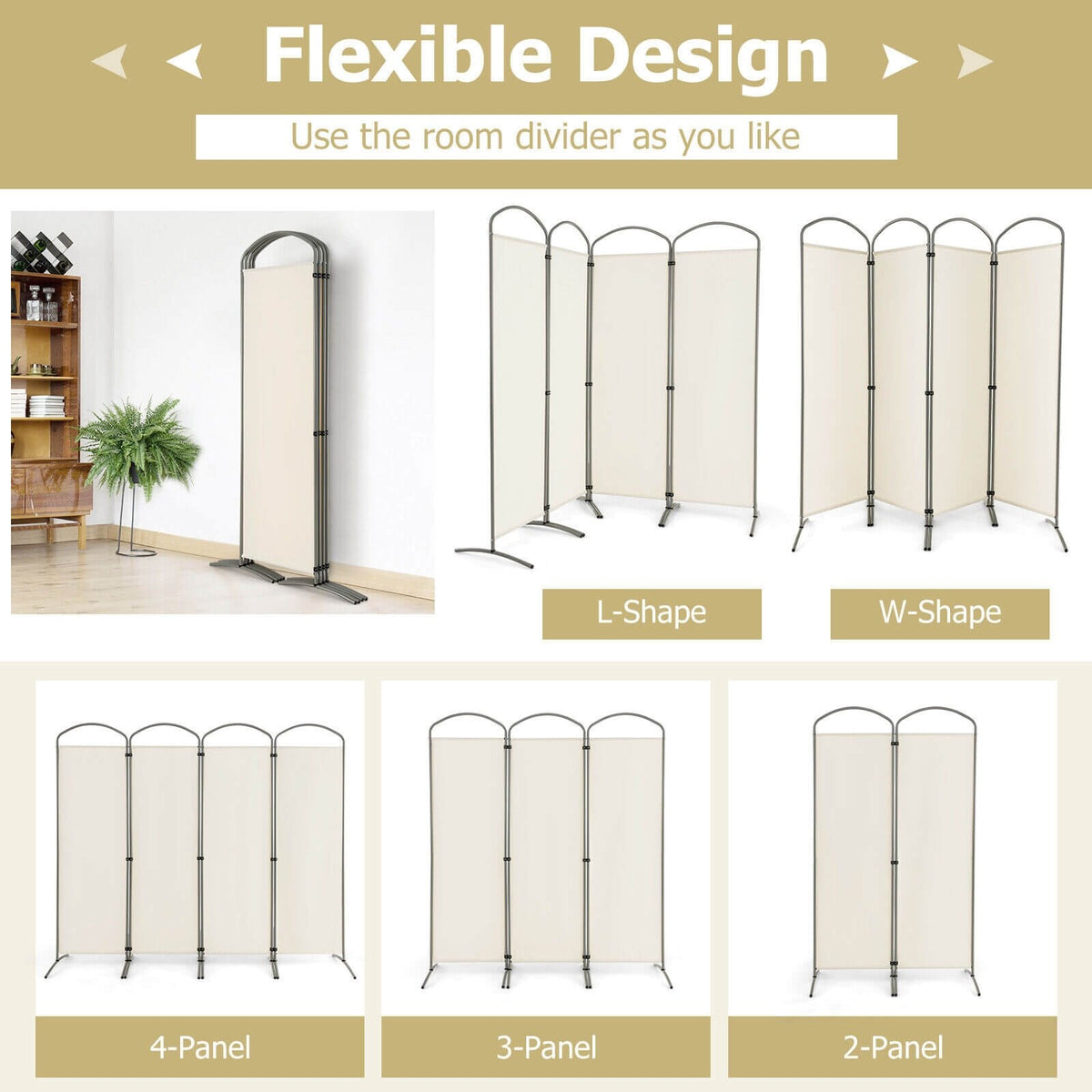 6.2Ft Folding 4-Panel Room Divider for Home Office Living Room -White view 8
