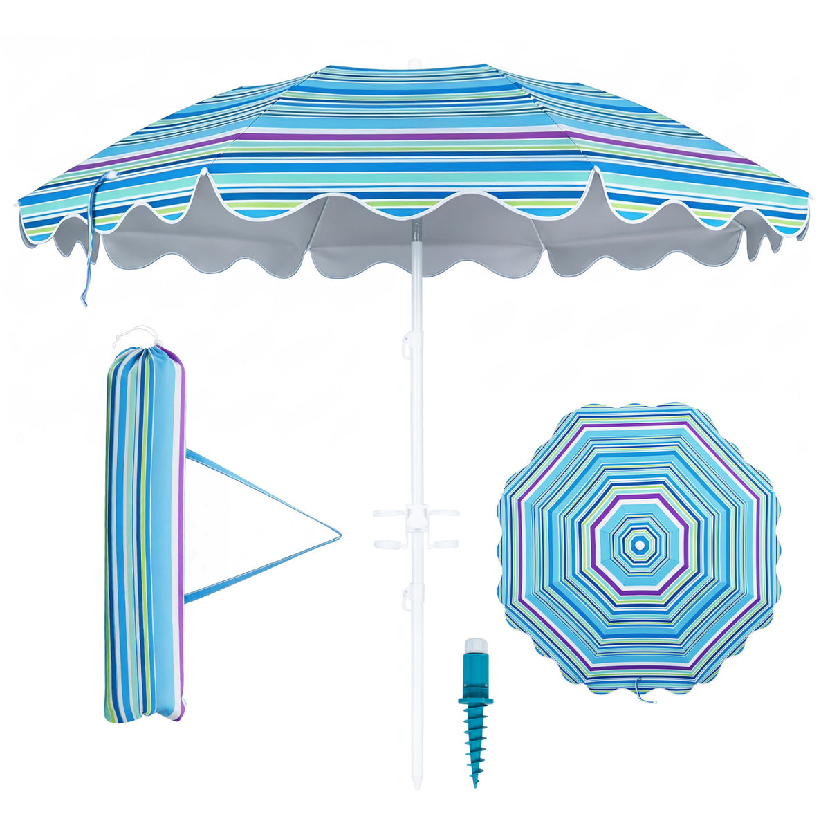 6.5 FT Beach Umbrella UPF 50+ with Sand Anchor for Garden Pool Backyard-Blue view 4