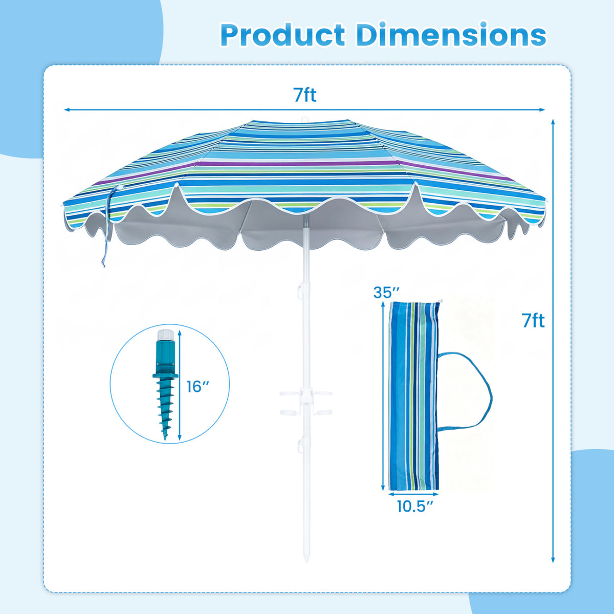 6.5 FT Beach Umbrella UPF 50+ with Sand Anchor for Garden Pool Backyard-Blue view 5