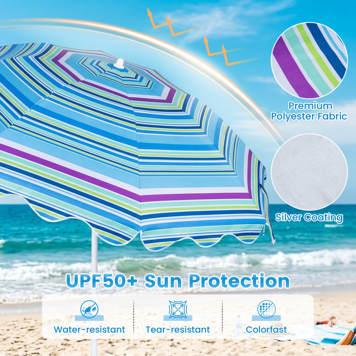 6.5 FT Beach Umbrella UPF 50+ with Sand Anchor for Garden Pool Backyard-Blue view 7