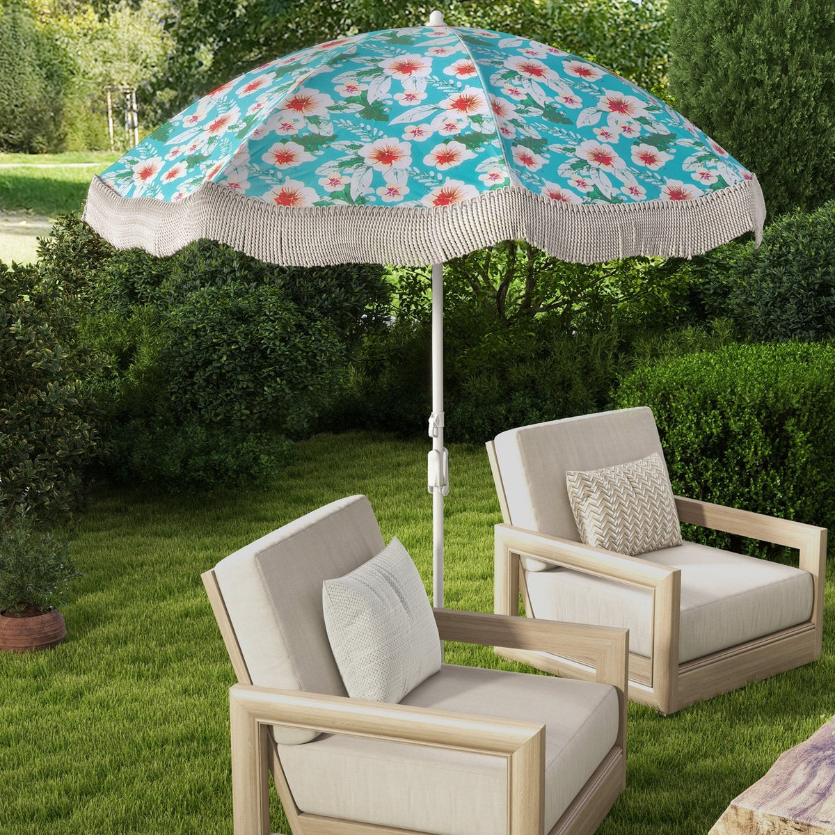6.5 FT Beach Umbrella with Fringe Outdoor Tassel Umbrella with Push Button Tilt-Green view 2