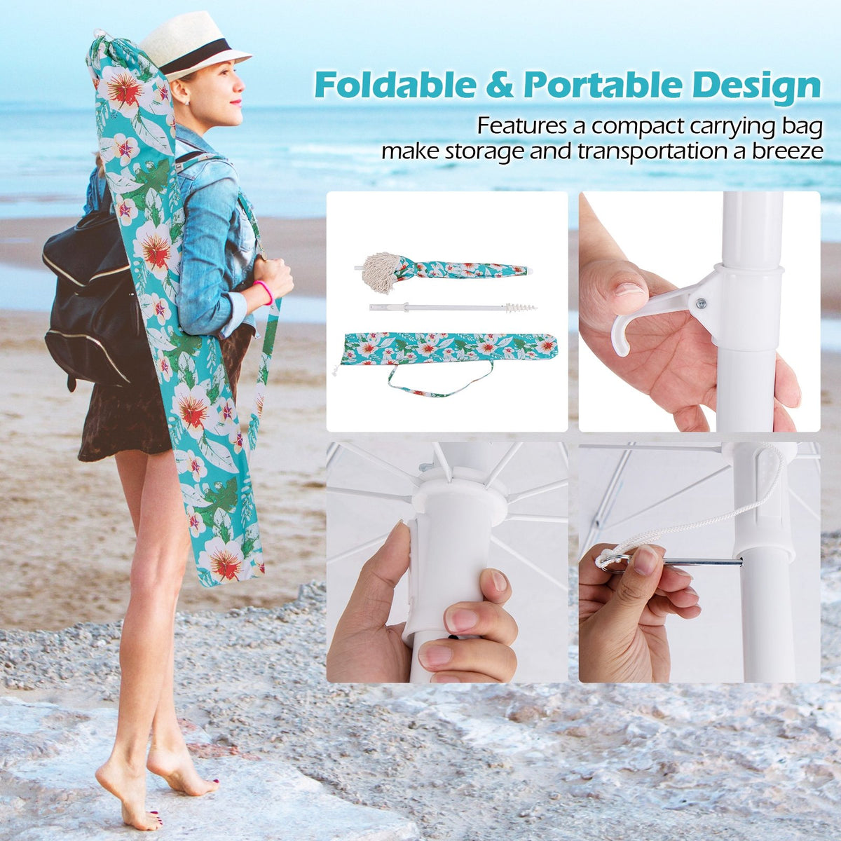 6.5 FT Beach Umbrella with Fringe Outdoor Tassel Umbrella with Push Button Tilt-Green view 9