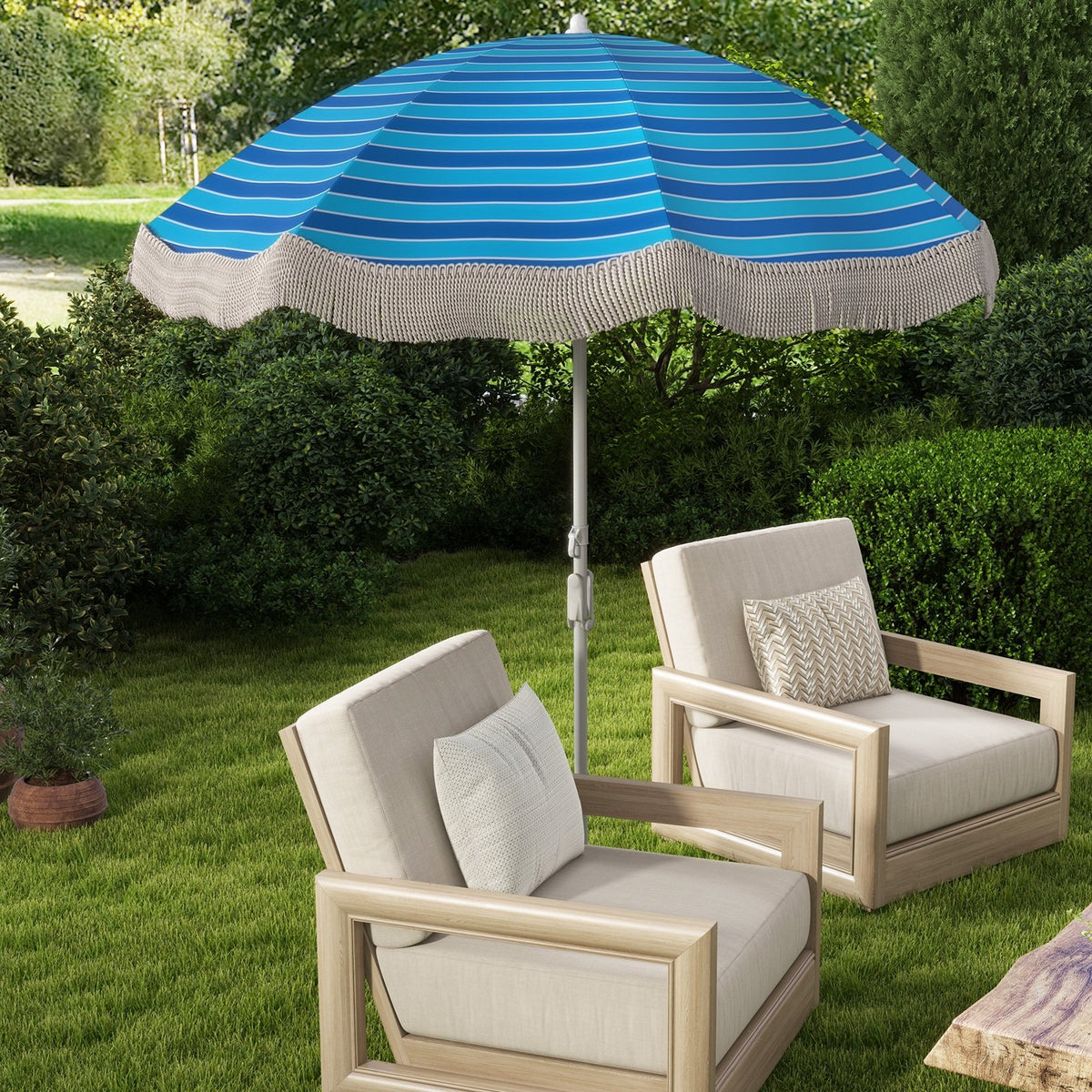 6.5 FT Beach Umbrella with Fringe Outdoor Tassel Umbrella with Push Button Tilt-Navy view 2