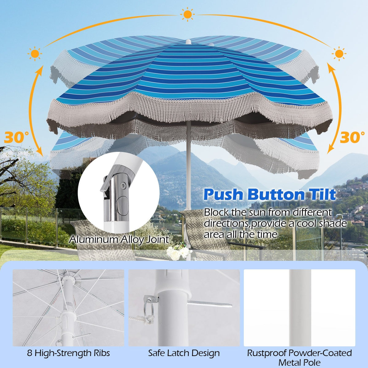 6.5 FT Beach Umbrella with Fringe Outdoor Tassel Umbrella with Push Button Tilt-Navy view 8
