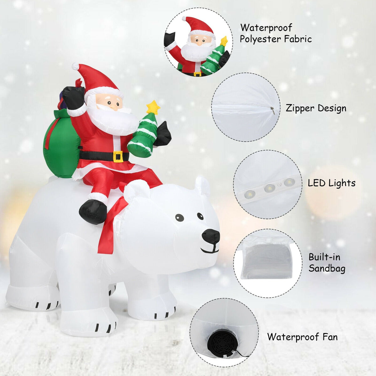 6.5 Feet Christmas Inflatable Santa Riding Polar Bear with Shaking Head LED Lights view 6