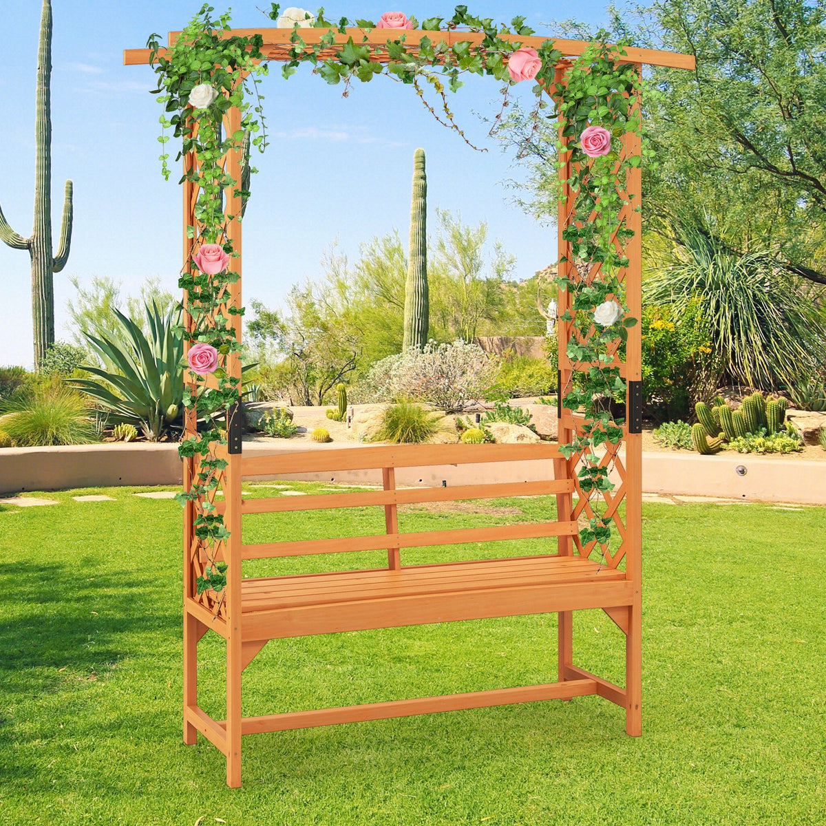 6.5 FT Tall Patio Garden Arbor with Pergola and 2-Seat Bench for Garden Backyard Decoration-Yellow view 3