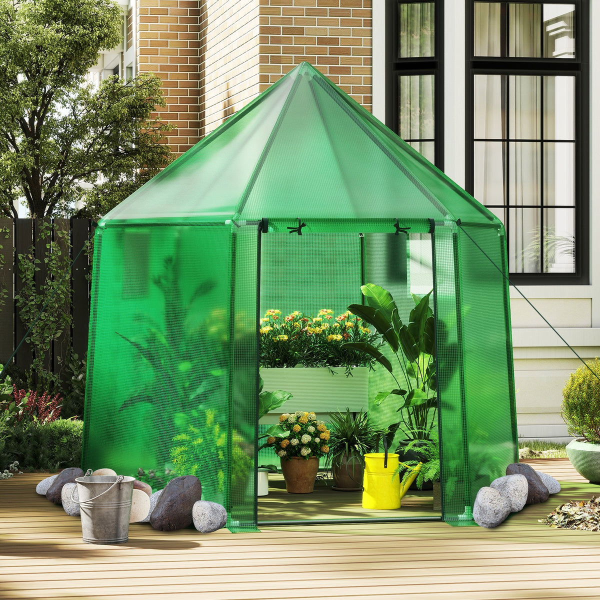 6.5 x 5.6 x 6.2 FT Mini Walk-in Greenhouse Portable Outdoor Warm House for Winter with PE Cover-Green view 3