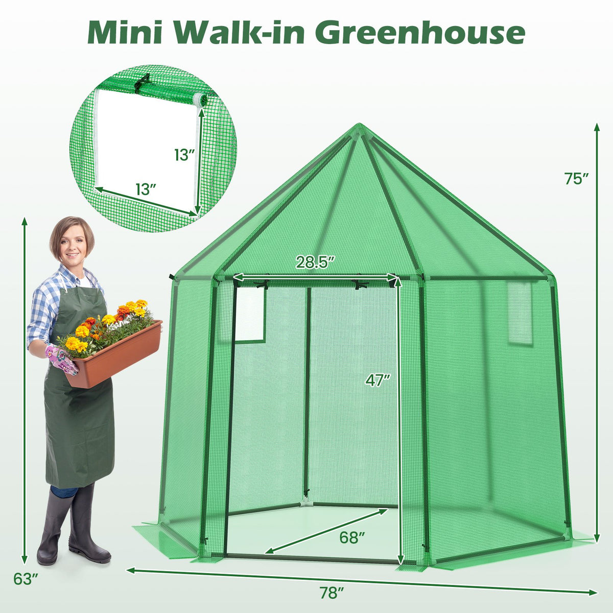 6.5 x 5.6 x 6.2 FT Mini Walk-in Greenhouse Portable Outdoor Warm House for Winter with PE Cover-Green view 4