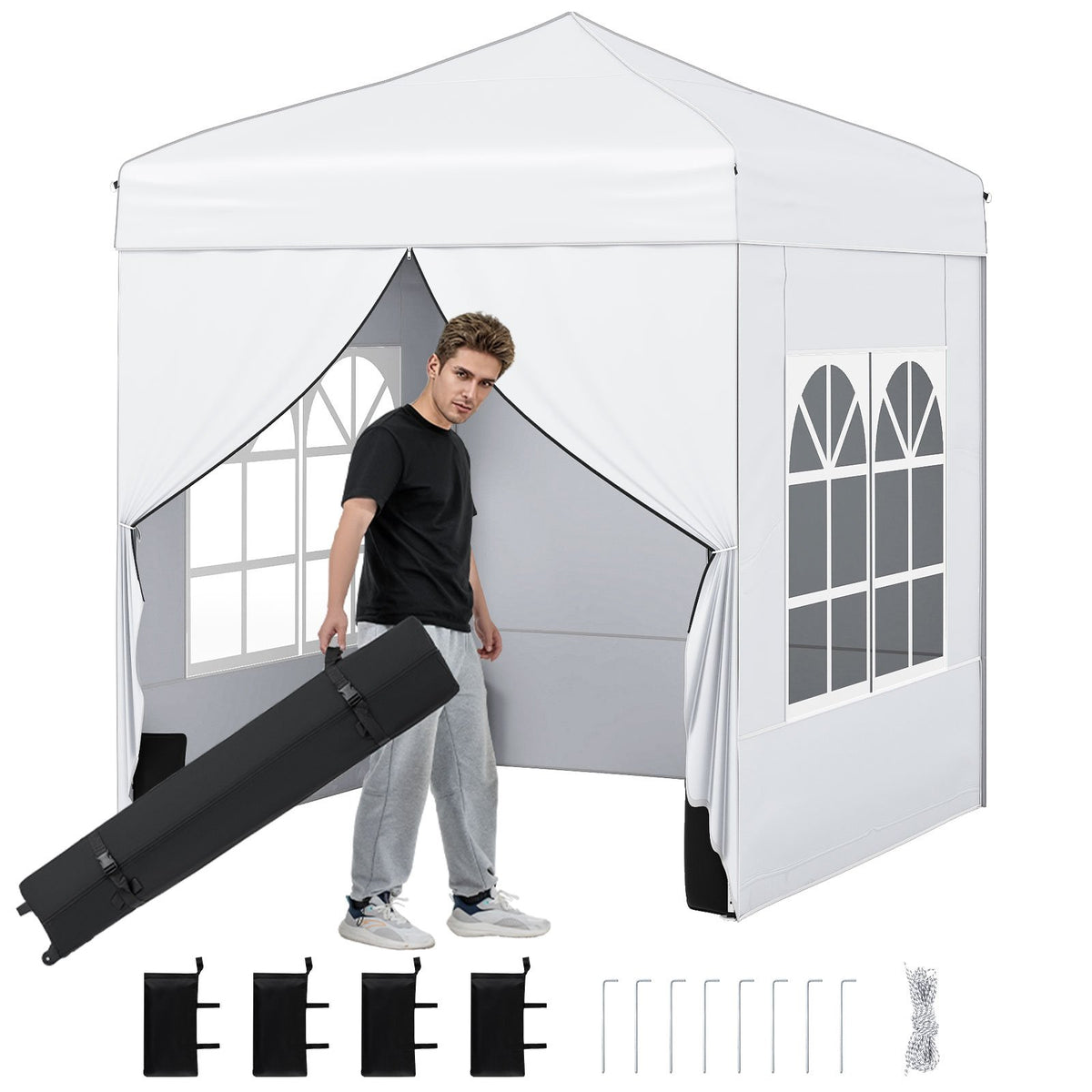 6.5 x 6.5 FT Pop up Canopy Tent with 4 Sidewalls and Wheeled Bag-white