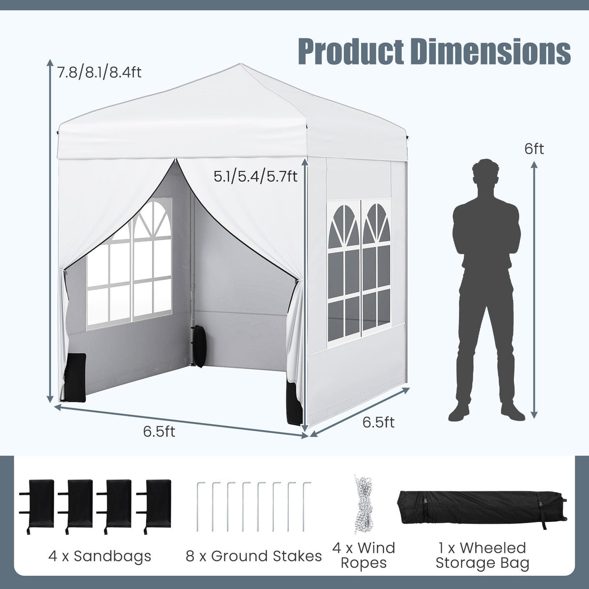 6.5 x 6.5 FT Pop up Canopy Tent with 4 Sidewalls and Wheeled Bag-white view 4