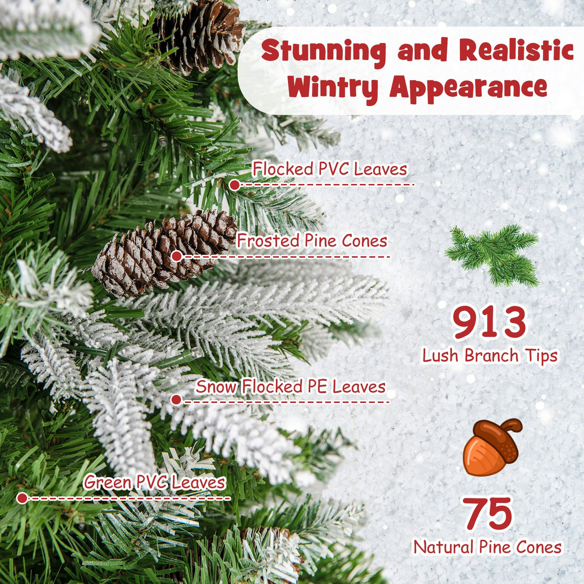 6/7.5/9 Feet Pre-Lit Artificial Christmas Tree Snow Flocked Hinged-7.5 Feet view 6