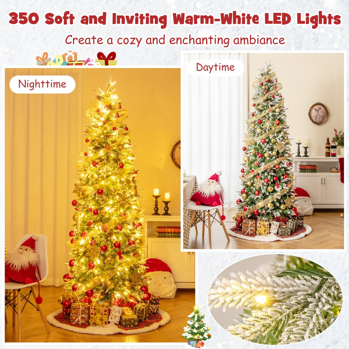 6/7.5/9 Feet Pre-Lit Artificial Christmas Tree Snow Flocked Hinged-7.5 Feet view 7