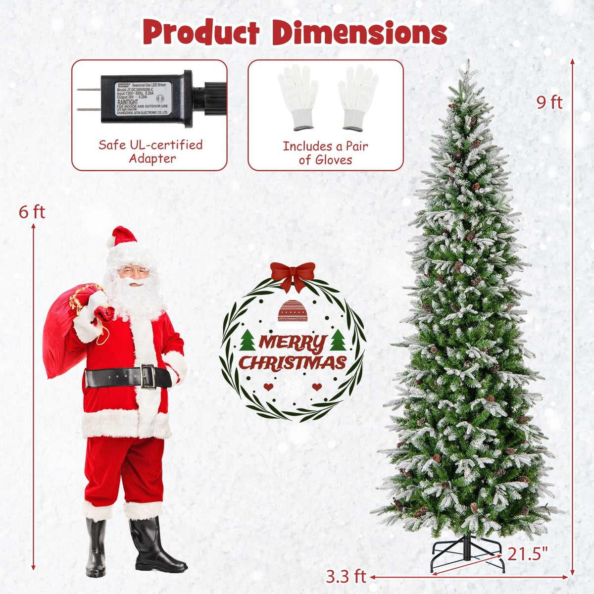 6/7.5/9 Feet Pre-Lit Artificial Christmas Tree Snow Flocked Hinged-9 FT view 4