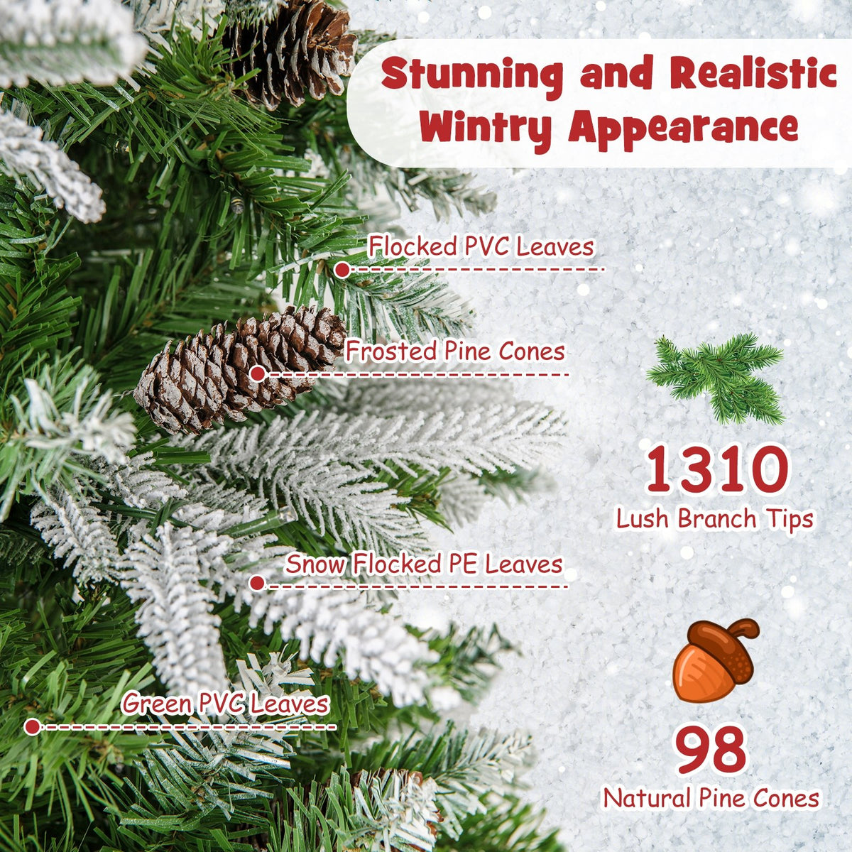 6/7.5/9 Feet Pre-Lit Artificial Christmas Tree Snow Flocked Hinged-9 FT view 6