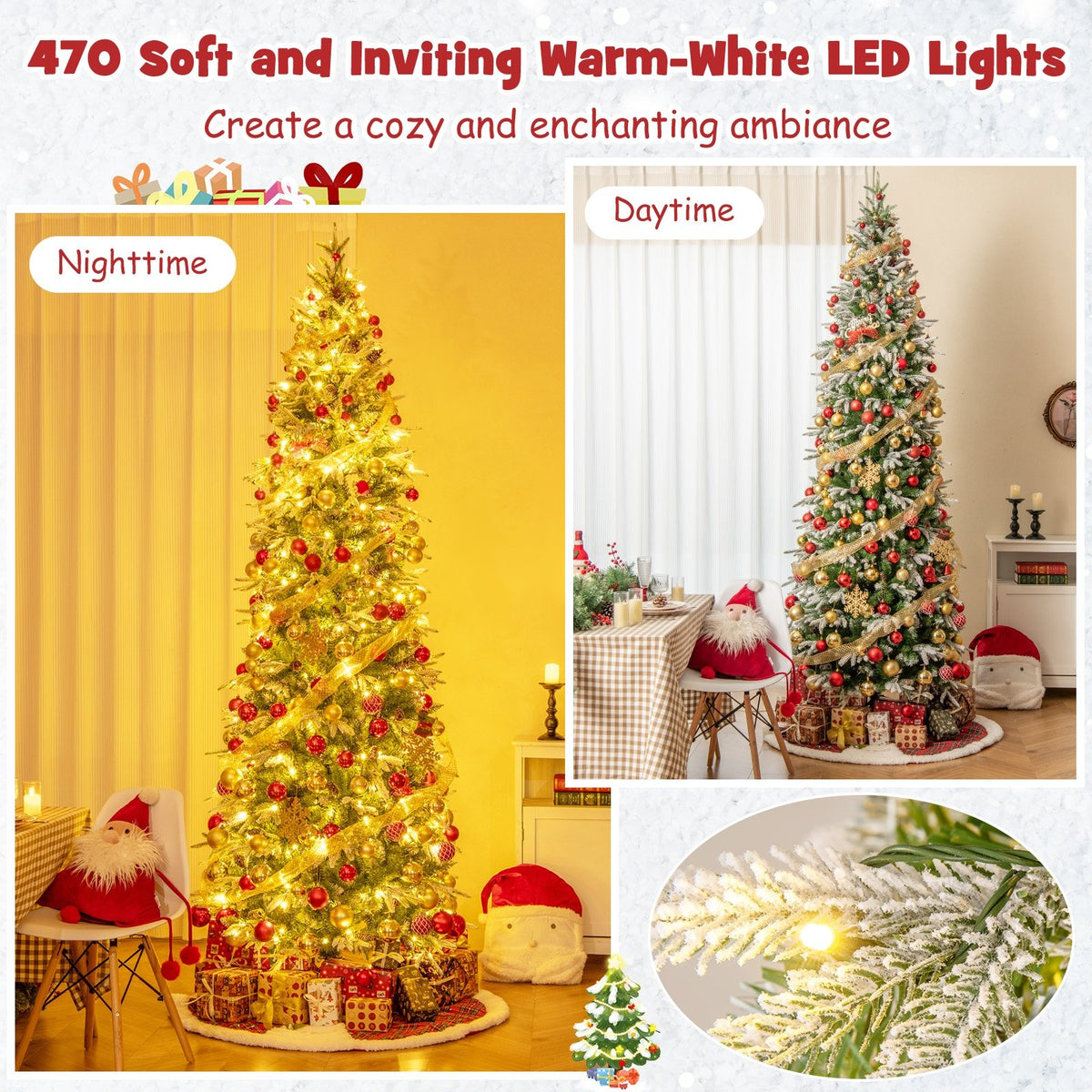 6/7.5/9 Feet Pre-Lit Artificial Christmas Tree Snow Flocked Hinged-9 FT view 7