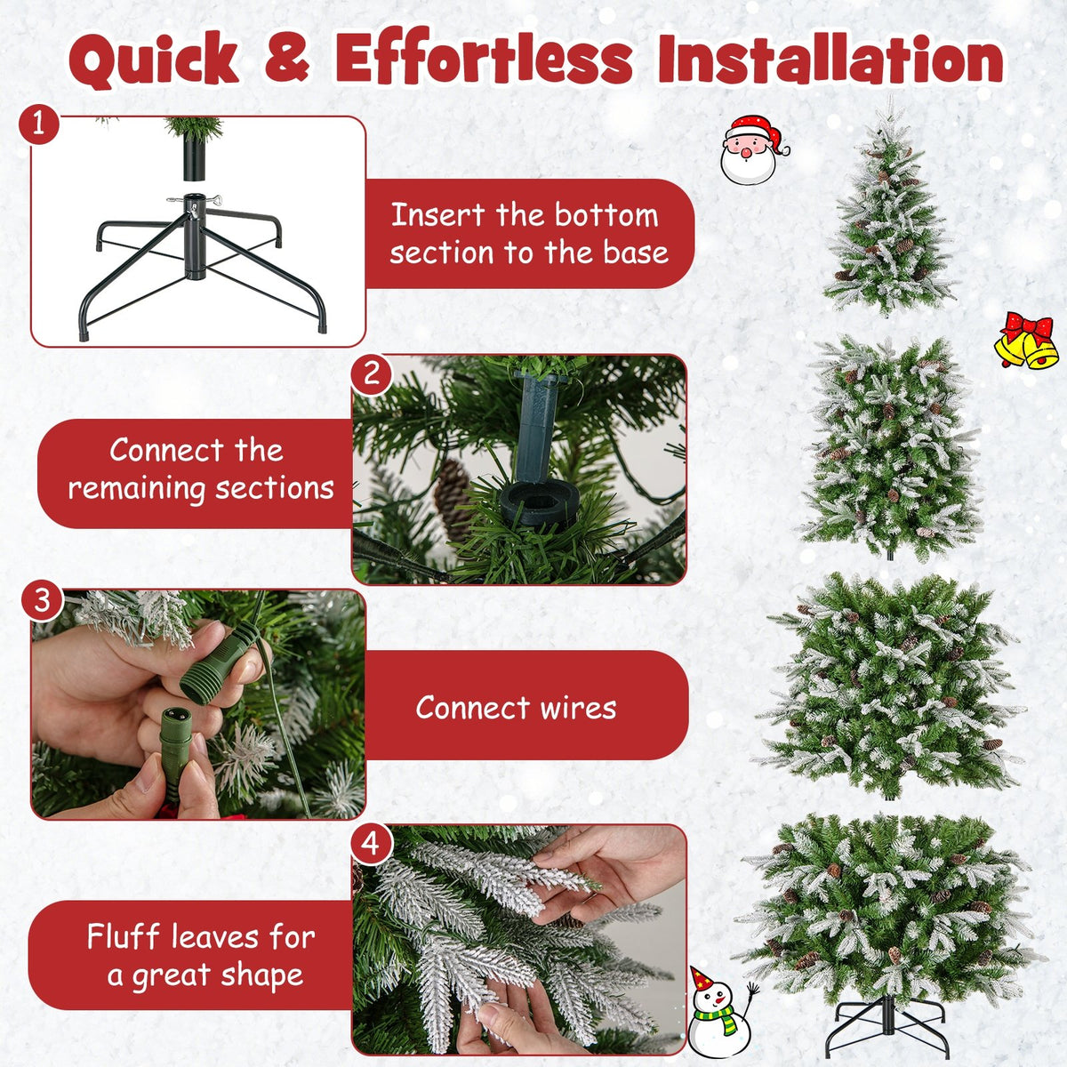 6/7.5/9 Feet Pre-Lit Artificial Christmas Tree Snow Flocked Hinged-9 FT view 8