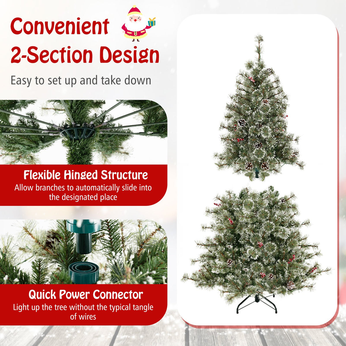 6/7.5/9 FT Artificial Christmas Tree Pre-Lit Hinged Holiday Tree with 360° Quick Power Connector-6 ft view 7
