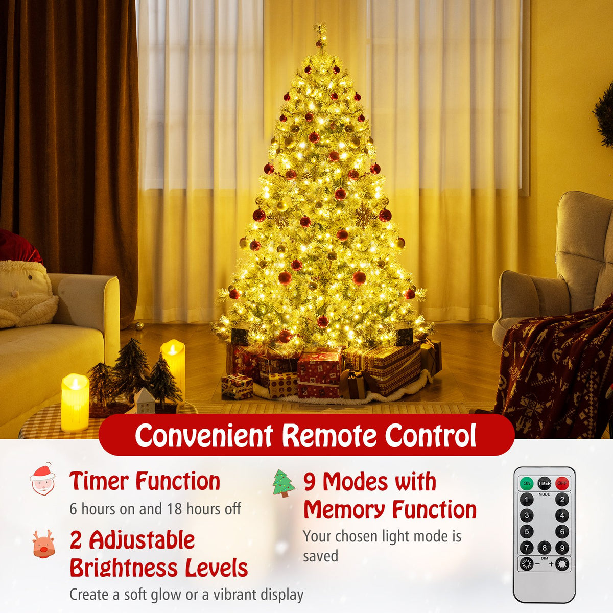 6/7.5/9 FT Artificial Christmas Tree Pre-Lit Hinged Holiday Tree with 360° Quick Power Connector-6 ft view 9