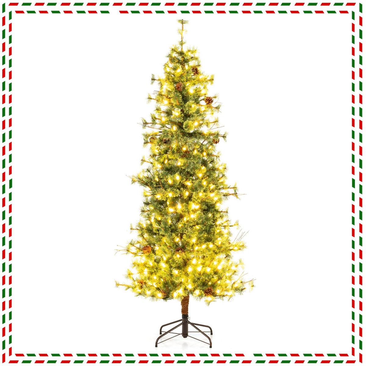 6/7/8 Feet Artificial Christmas Tree Pre-lit Hinged Xmas Tree with Warm White LED Lights and Pine Cones-7ft