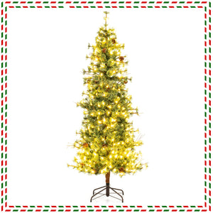 6/7/8 Feet Artificial Christmas Tree Pre-lit Hinged Xmas Tree with Warm White LED Lights and Pine Cones-7ft