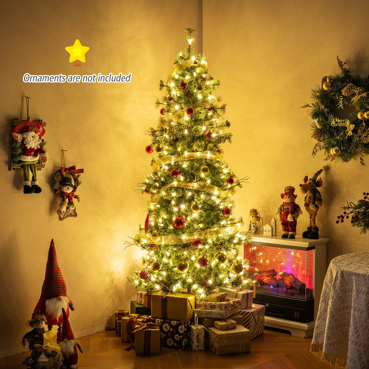 6/7/8 Feet Artificial Christmas Tree Pre-lit Hinged Xmas Tree with Warm White LED Lights and Pine Cones-7ft view 2