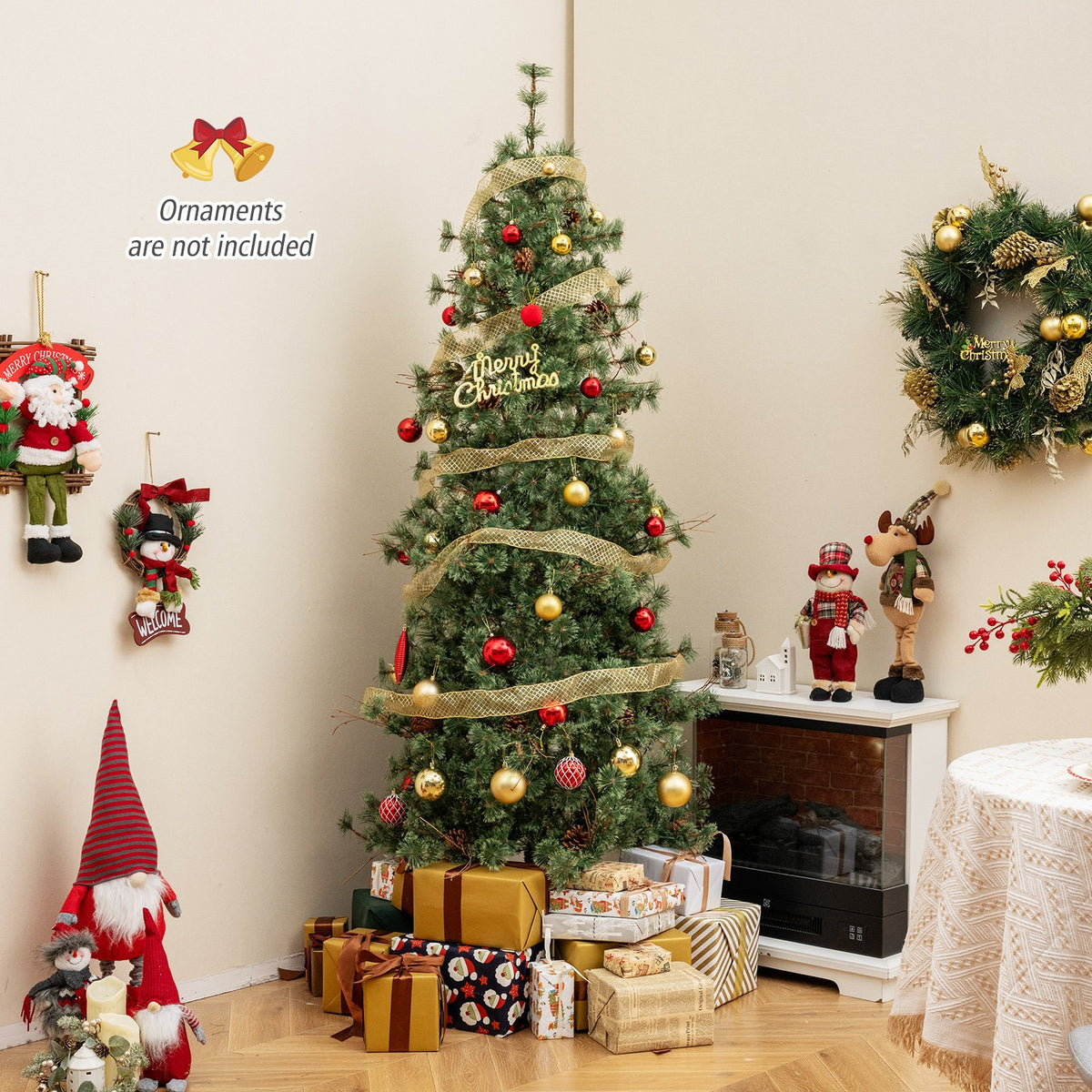 6/7/8 Feet Artificial Christmas Tree Pre-lit Hinged Xmas Tree with Warm White LED Lights and Pine Cones-7ft view 3
