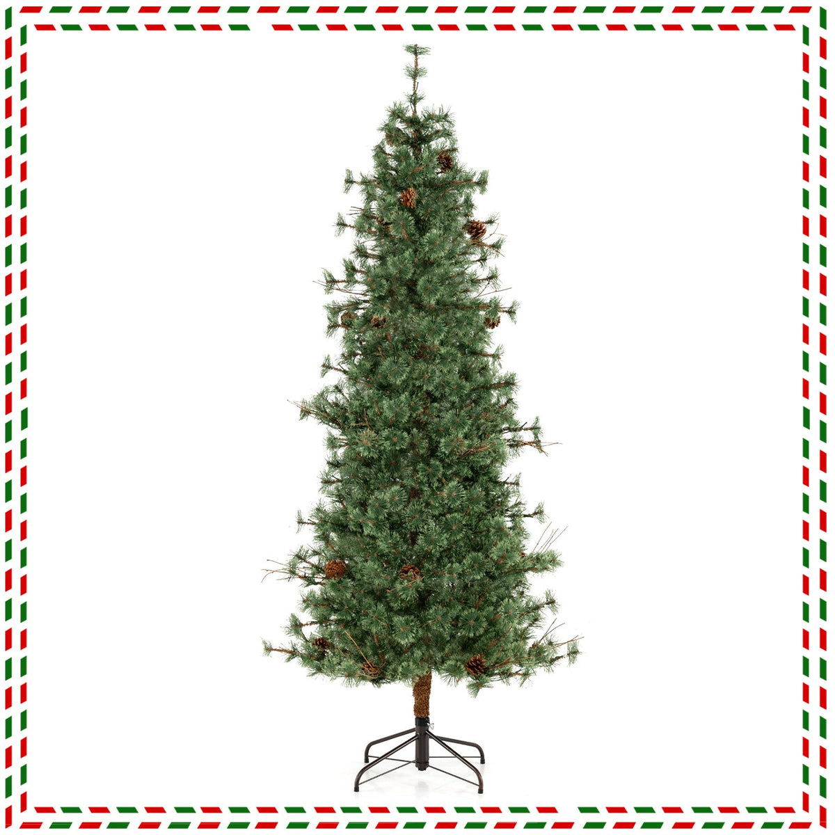 6/7/8 Feet Artificial Christmas Tree Pre-lit Hinged Xmas Tree with Warm White LED Lights and Pine Cones-7ft view 4