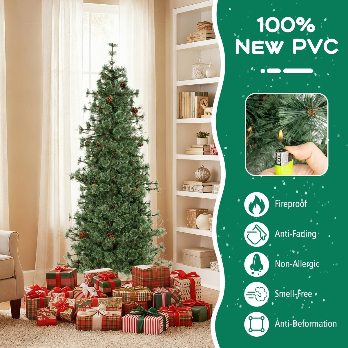 6/7/8 Feet Artificial Christmas Tree Pre-lit Hinged Xmas Tree with Warm White LED Lights and Pine Cones-7ft view 7