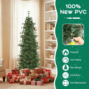 6/7/8 Feet Artificial Christmas Tree Pre-lit Hinged Xmas Tree with Warm White LED Lights and Pine Cones-7ft view 7