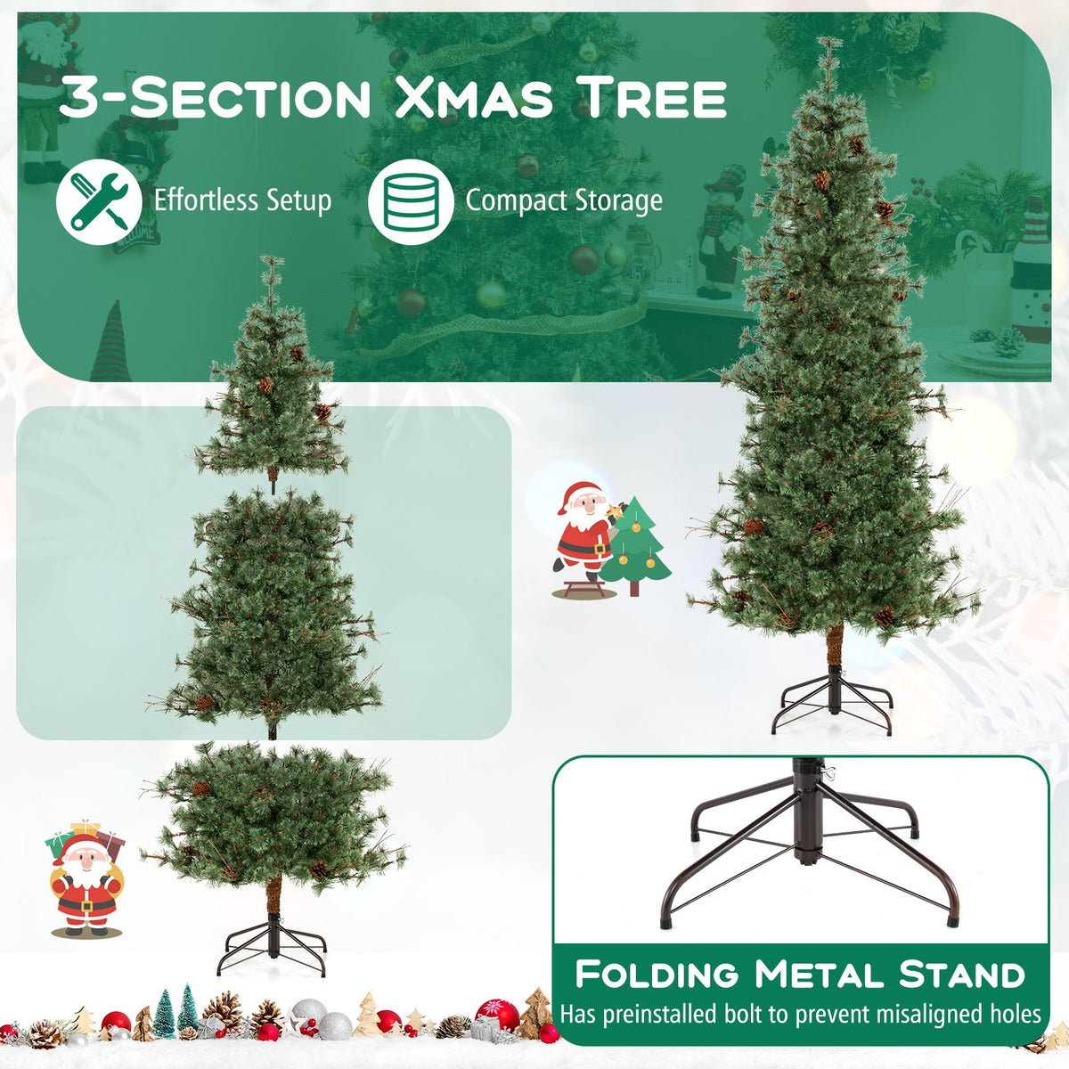 6/7/8 Feet Artificial Christmas Tree Pre-lit Hinged Xmas Tree with Warm White LED Lights and Pine Cones-7ft view 8