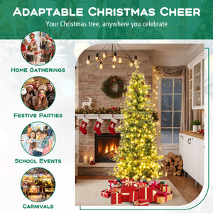 6/7/8 Feet Artificial Christmas Tree Pre-lit Hinged Xmas Tree with Warm White LED Lights and Pine Cones-7ft view 9