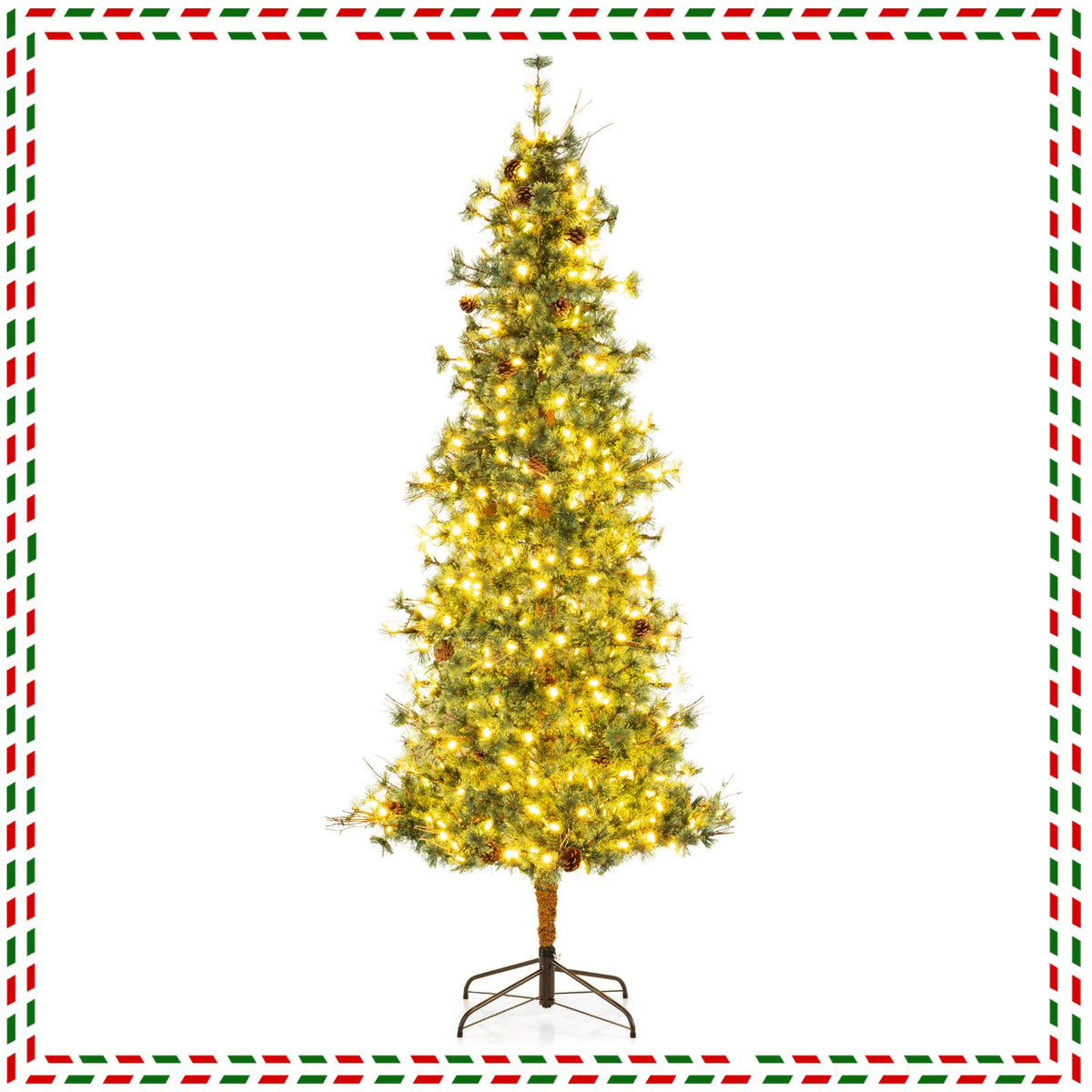 6/7/8 Feet Artificial Christmas Tree Pre-lit Hinged Xmas Tree with Warm White LED Lights and Pine Cones-8ft