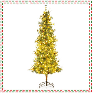 6/7/8 Feet Artificial Christmas Tree Pre-lit Hinged Xmas Tree with Warm White LED Lights and Pine Cones-8ft