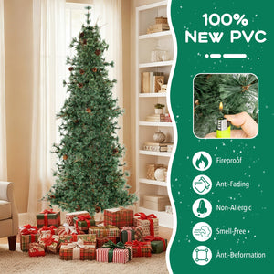 6/7/8 Feet Artificial Christmas Tree Pre-lit Hinged Xmas Tree with Warm White LED Lights and Pine Cones-8ft view 7