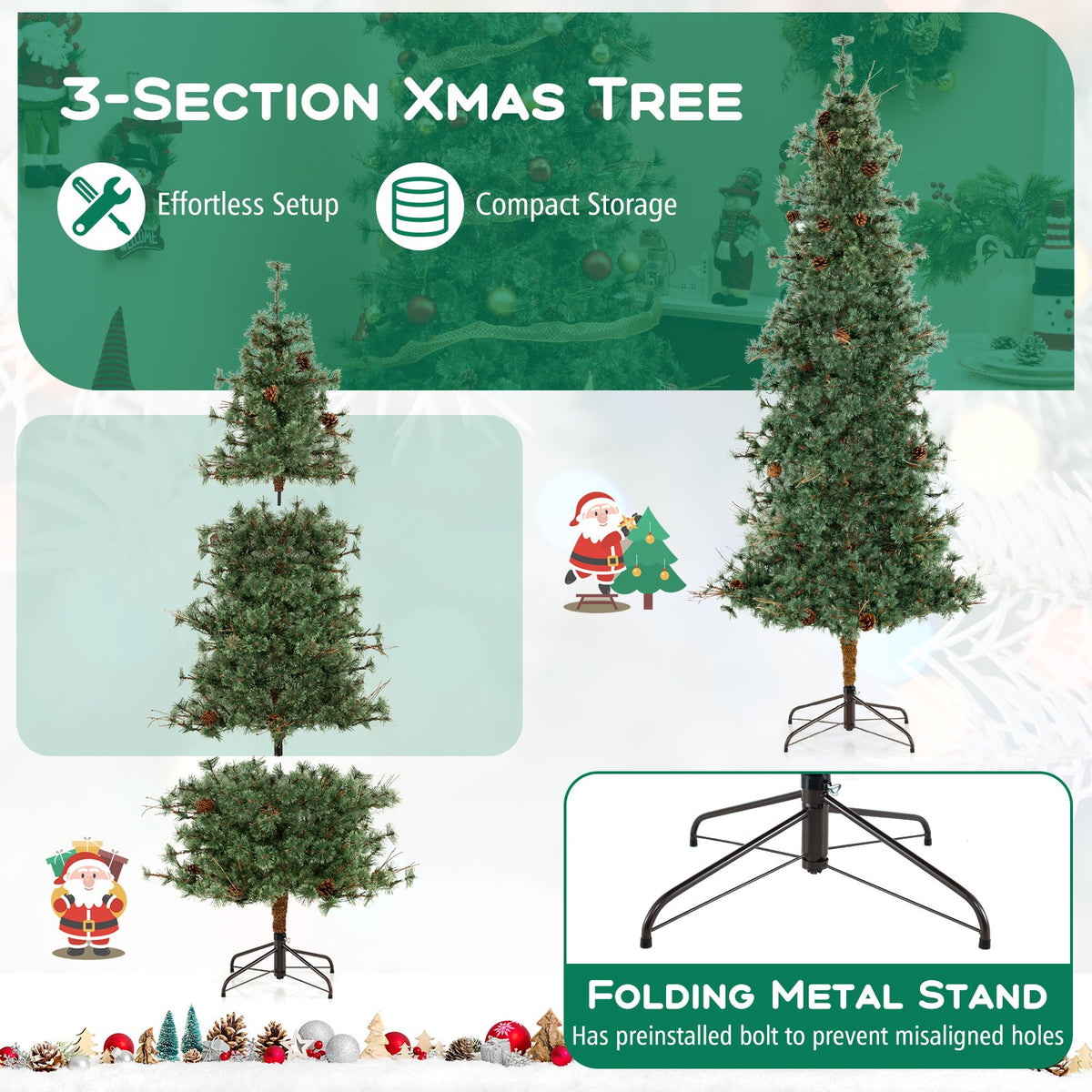6/7/8 Feet Artificial Christmas Tree Pre-lit Hinged Xmas Tree with Warm White LED Lights and Pine Cones-8ft view 8