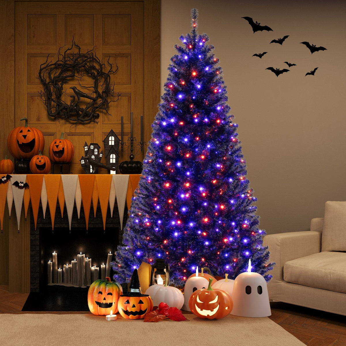 6/7/8 Feet Artificial Christmas Tree with 6 Lighting Modes and Spooky Sounds-7 ft view 3