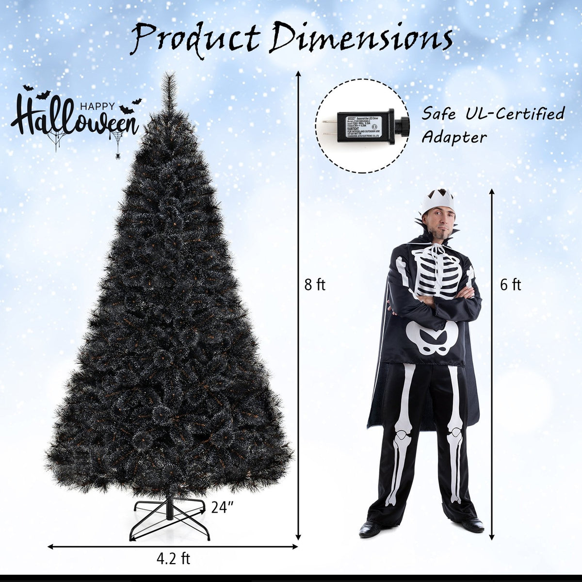 6/7/8 Feet Black Artificial Halloween Christmas Tree with PVC Branch Tips and 210/320/450 Cool White LED Lights-L view 5