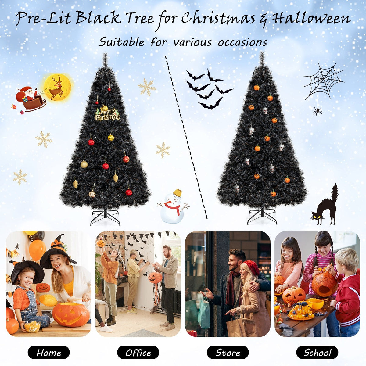 6/7/8 Feet Black Artificial Halloween Christmas Tree with PVC Branch Tips and 210/320/450 Cool White LED Lights-L view 6