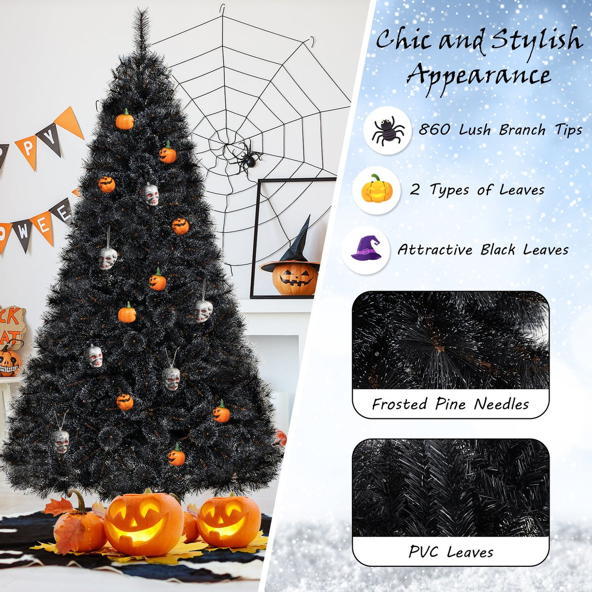 6/7/8 Feet Black Artificial Halloween Christmas Tree with PVC Branch Tips and 210/320/450 Cool White LED Lights-L view 8