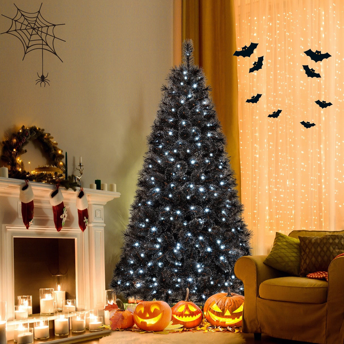 6/7/8 Feet Black Artificial Halloween Christmas Tree with PVC Branch Tips and 210/320/450 Cool White LED Lights-M view 3