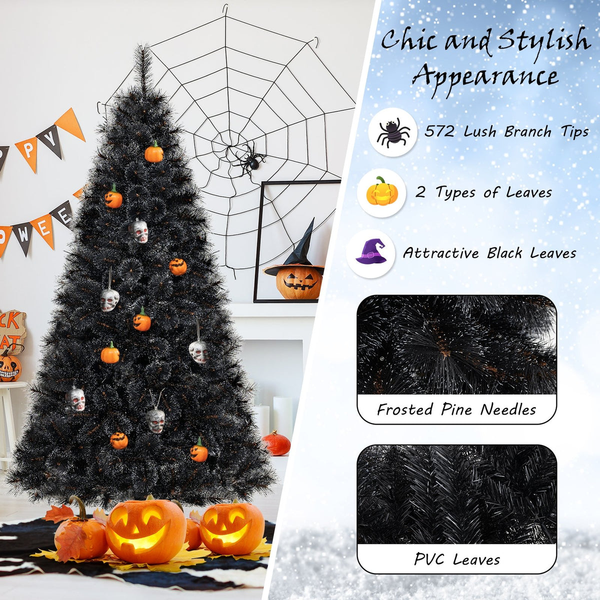 6/7/8 Feet Black Artificial Halloween Christmas Tree with PVC Branch Tips and 210/320/450 Cool White LED Lights-M view 6