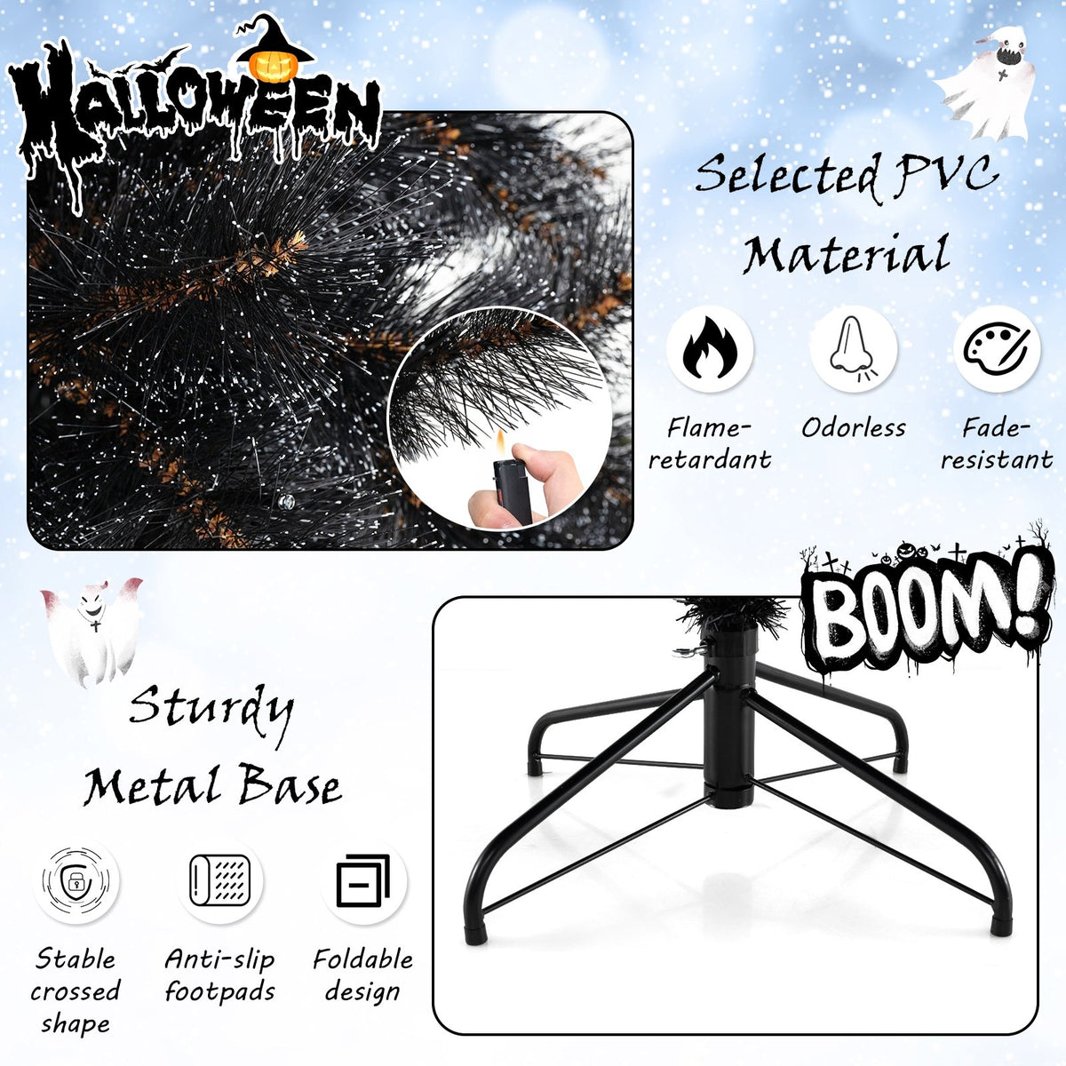 6/7/8 Feet Black Artificial Halloween Christmas Tree with PVC Branch Tips and 210/320/450 Cool White LED Lights-M view 8